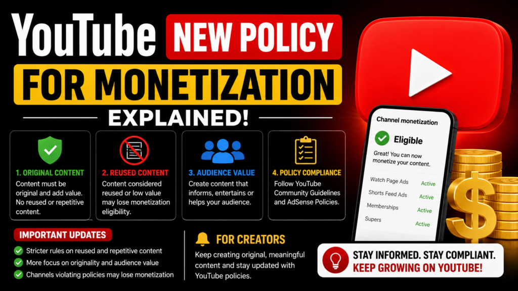 YouTube new policy for monetization explained for creators