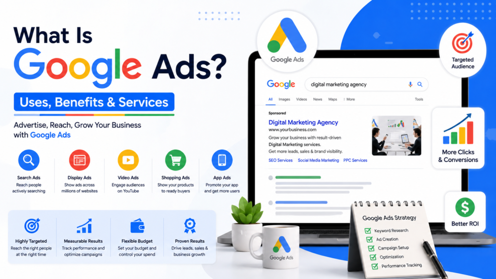 What is Google Ads guide showing Google Ads uses, benefits, campaign types, and business growth strategies.
