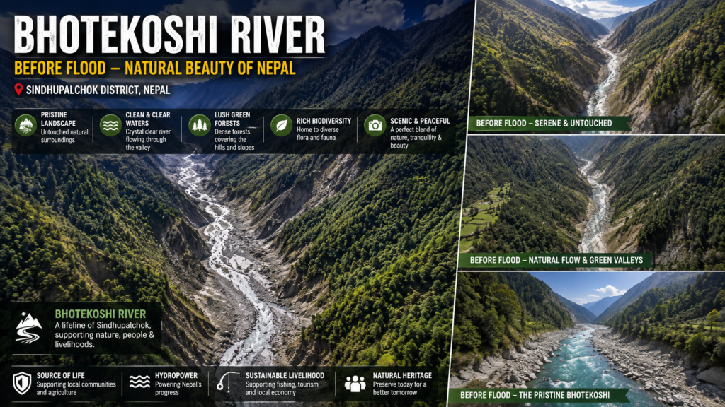 Bhotekoshi River flowing through the lush green mountain valley of Sindhupalchok District, Nepal, showing pristine forests, clear water, and scenic Himalayan landscapes before the flood.