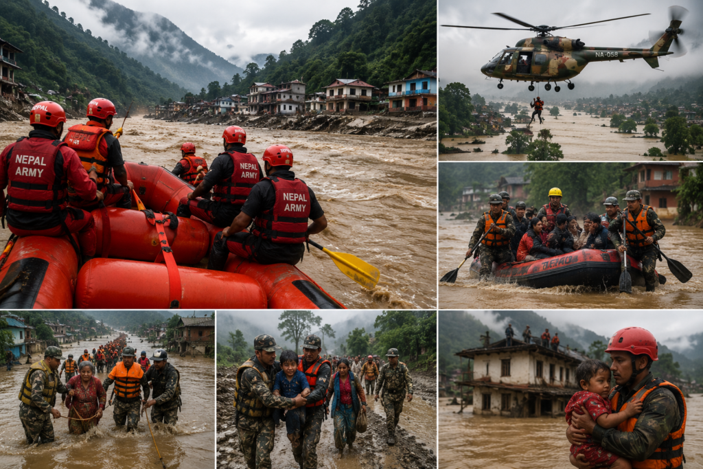 Nepal flood 2026 showing rescue operations, flooded areas, damaged infrastructure, and emergency response teams helping affected communities.